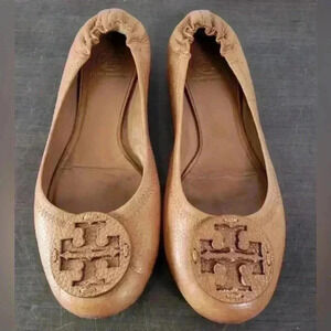 Tory Burch Tan Leather Embellished Logo Ballet Flats Women's Shoes Size 9.6